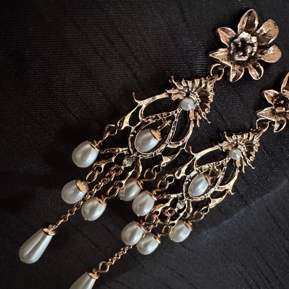 Glam Burnished Brass and Pearl Like Tiered Earrings